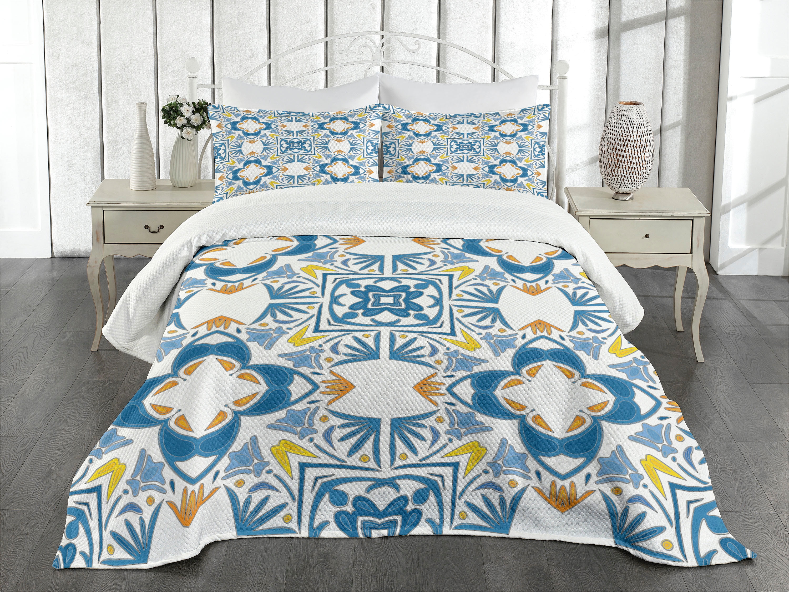 Ethnic Bedspread Set Queen Size, Tunisian Mosaic with Azulojo Spanish Influence Authentic Retro