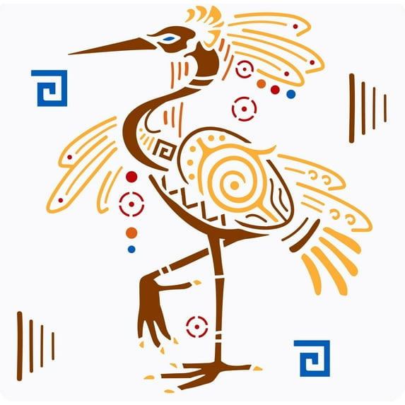 Ethnic Bird Painting Stencil 11.8x11.8inch Reusable Mayan Symbols Drawing Template DIY Ancient Birds Stencil for Airbrush Home Decoration Stencil for Wood Floor Furniture Painting