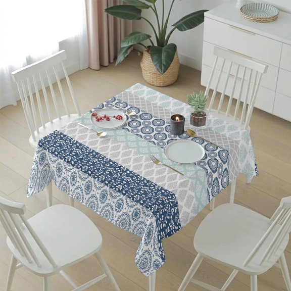 Ethnic Blue Stripes Abstract Geometric Table Cloth 54x54in, Waterproof Square Tablecloth Wipeable Tablecloths Damask Flower Boho Style Table Covers for Dining Tables Party Indoor Outdoor