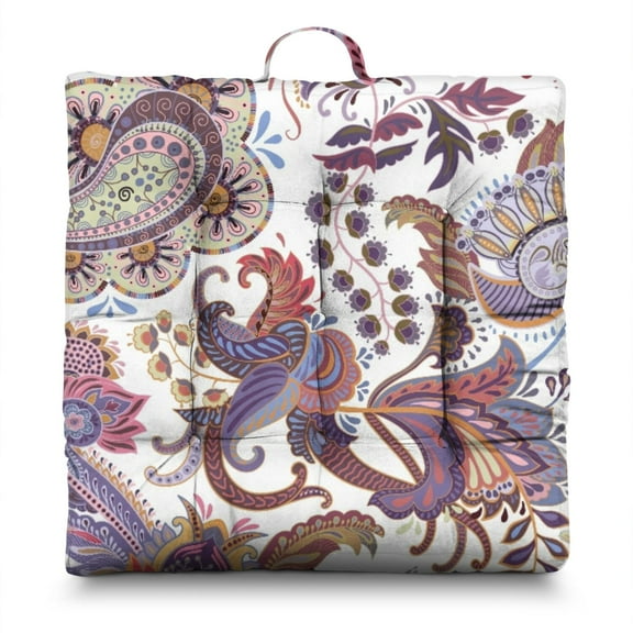 Ethnic Bohemian Floor Pillow - Oversized 24" Square Meditation Cushion with Colorful Retro Pattern, 4.7" Thick Support for Yoga & Lounge