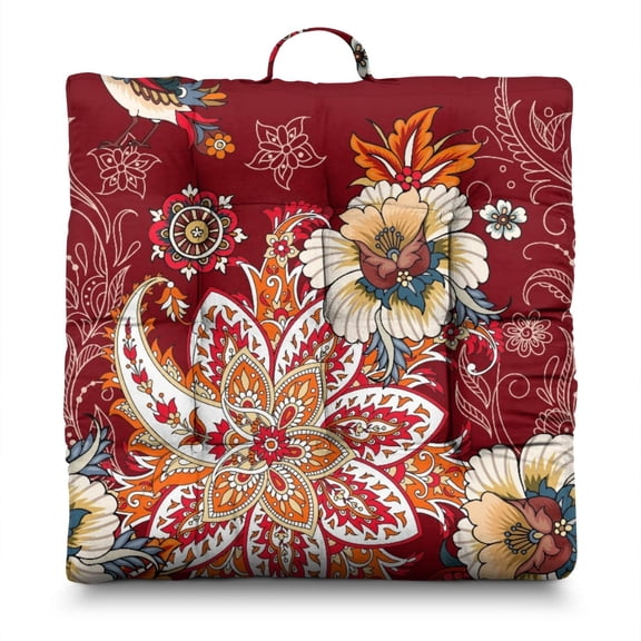 Ethnic Bohemian Floor Pillow - Oversized 24" Square Meditation Cushion with Colorful Retro Pattern, 4.7" Thick Support for Yoga & Lounge