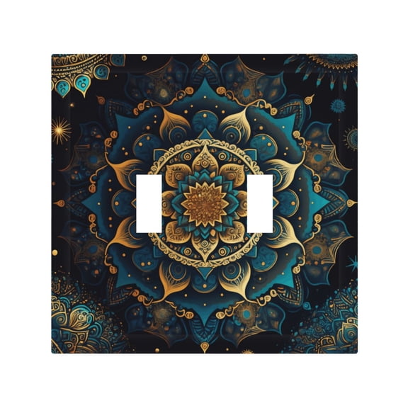 Ethnic Bohemian Mandala Geometric 2 Gang Switch Wall Plate Decorative Double Toggle Cover with 4 Painted Screws for Home & Commercial Use