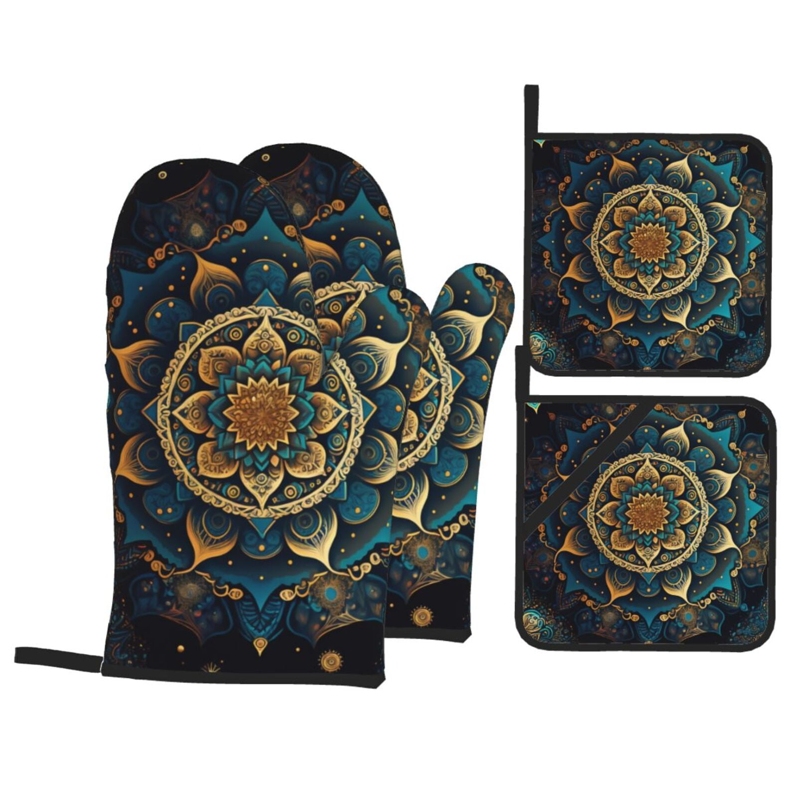 Ethnic Bohemian Mandala Geometric 4Pcs Oven Mitts and Pot Holders Sets Oven Kitchen Gloves Hot Pads for Cooking BBQ Baking Grilling