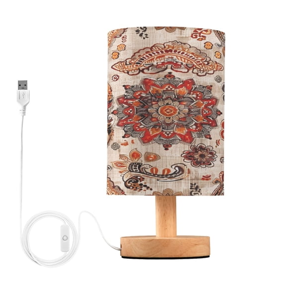 Ethnic Bohemian Mandala Paisley Rustic Bedside Table Lamp Desk Warm Lights with USB Charging Port Cylinder LED Lamps for Bedroom Living Room Office