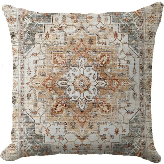 Ethnic Bohemian Pillow Covers 18X18 Inch Turkish Persian Carpet Tribal Pattern Pillowcase Super Soft Oriental Decorative Cushion Covers for Living Room Bedroom Bed Cushion Outdoor (Turmeric/Grey)