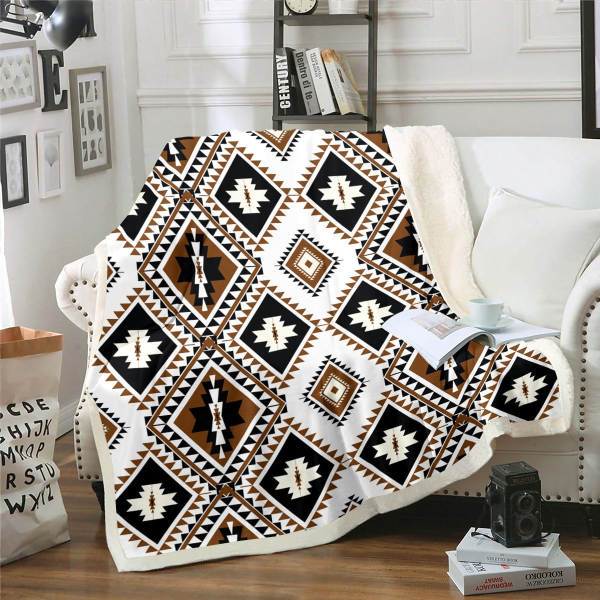 Ethnic Bohemian Sherpa Blanket For Bed Couch Queen 90"X90" Western Boho