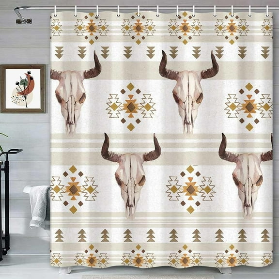 Ethnic Boho Bull Skulls Cow Shower Curtain Western Tribe Native American Decor Bohemian Navajo Pattern Bath Curtain, Waterproof Fabric Bathroom Accessory Sets with Hooks,36X70IN