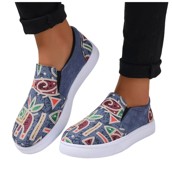 Ethnic Boho Canvas Walking Flats Shoes for Women Beach Casual Slip on Loafers Platform Fashion Sneakers