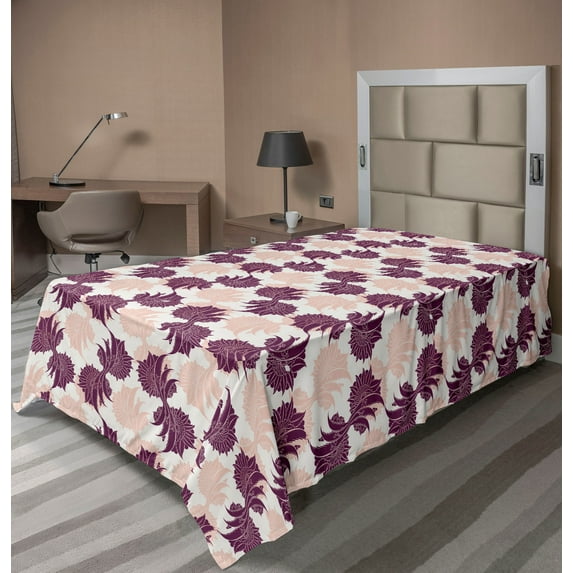 Ethnic Boho Flat Sheet, Modern Bohemian Themed Repetitive Swirly Floral Design Pattern, Soft Comfortable Top Sheet Decorative Bedding 1 Piece, Twin Size, Pale Salmon Plum and Ivory, by Ambesonne