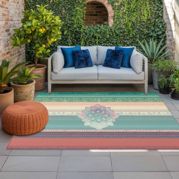 Ethnic Boho Floral Indoor Outdoor Rugs 3x5 Ft, Turquoise Pink Beige Gradual Stripe Outdoor Patio Rugs Mat Washable Outside Area Rugs Carpet for Porch Deck RV Camping Pool Balcony Backyard