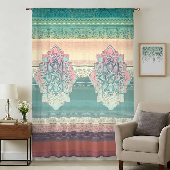 Ethnic Boho Floral Sheer Curtains 45 Inches Long for Bedroom, Turquoise Pink Gradient Stripes Light Filtering Privacy Drapes, Breathable Semi Sheer Short Window Treatment for Kitchen Cafe Bathroom