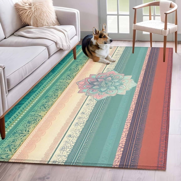 Ethnic Boho Floral Washable Area Rug 4x6 Turquoise Pink Beige Gradual Stripe Low-Profile Large Area Rugs with Non Slip Backing Indoor Floor Carpet for Entrance Living Room Bedroom Home Office