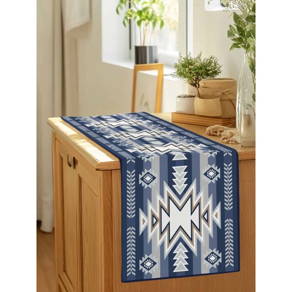 Ethnic Boho Morocco Theme Table Runner 36 Inches Long,Kitchen Dining Tablerunners Aztec Blue Geometric Art Linen Table Runners Dresser Scarves for Home Dinner Wedding Holiday Party Decor