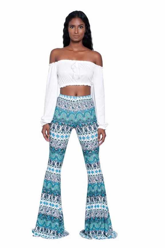 Ethnic Boho Pattern Bell Bottom Flared Pants (S, Blue)