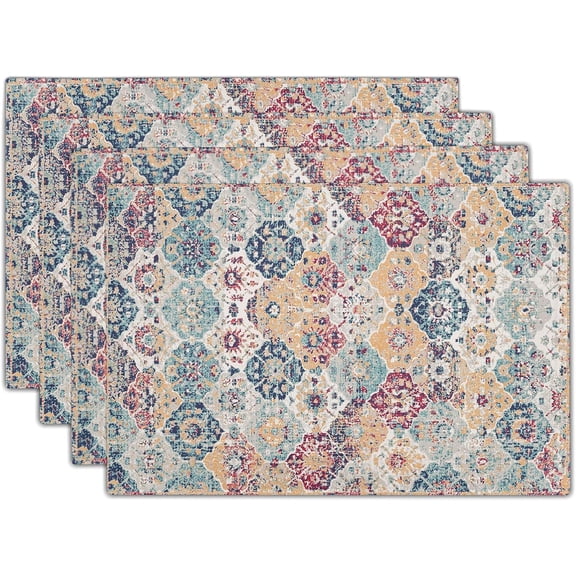 Ethnic Boho Placemats Set of 4 Bohemian Carpet Vintage Rust Coral Floral Carpet Linen Washable Kitchen Dining Table Mats Stain Heat-Resistant Desktop Decor Place Mats 12x18 in