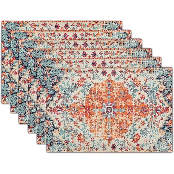 Ethnic Boho Placemats Set of 4 Southwest Orange Blue Teal Carpet Woven Texture Linen Washable Kitchen Dining Table Mats Stain Heat-Resistant Desktop Decor Place Mats for Home Party Indoor 12x18 inch