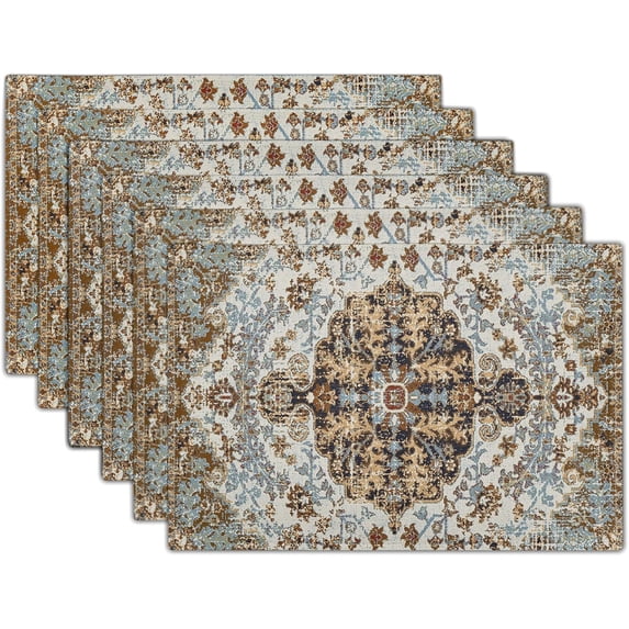 Ethnic Boho Placemats Set of 6 Bohemian Carpet Vintage Black Teal Grey Floral Linen Washable Kitchen Dining Table Mats Stain Heat-Resistant Desktop Decor Place Mats for Home Party Indoor 12x18 in
