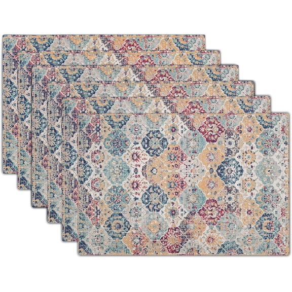 Ethnic Boho Placemats Set of 6 Bohemian Carpet Vintage Rust Coral Floral Carpet Linen Washable Kitchen Dining Table Mats Stain Heat-Resistant Desktop Decor Place Mats for Home Party Indoor 12x18 in