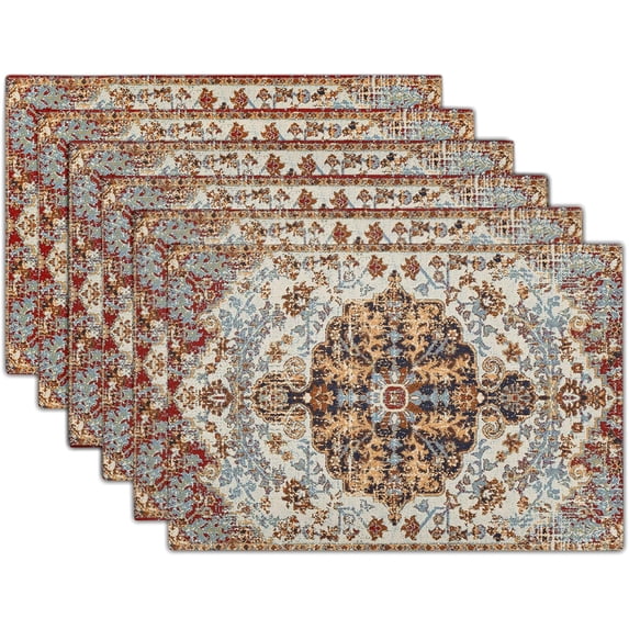 Ethnic Boho Placemats Set of 6 Southwest Brown Blue Carpet Woven Texture Linen Washable Kitchen Dining Table Mats Stain Heat-Resistant Desktop Decor Place Mats for Home Party Indoor 12x18 in