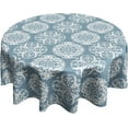 thumbnail image 1 of Ethnic Boho Round Tablecloth Modern Farmhouse Table Cloth 60 Inch Geometric Navy Blue Table Cover Waterproof Polyester Cloth Navy Blue Grey Cover for Holiday Indoor Outdoor Farmhouse Decor, 1 of 6