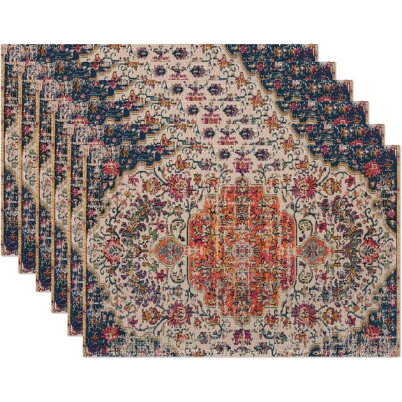 Ethnic Boho Southwest Placemats Set of 6,Orange Blue Teal Carpet Linen Washable Kitchen Dining Table Mats Heat Resistant Place Mats for Home Party Indoor Holiday 12x18 Inch