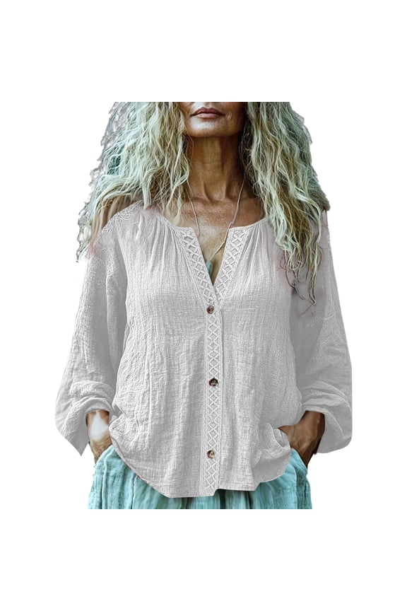 Ethnic Boho T-shirts for Women Cotton Linen Long Sleeve Front Button Up Blouses Ladies Daily Wear Vneck Tops