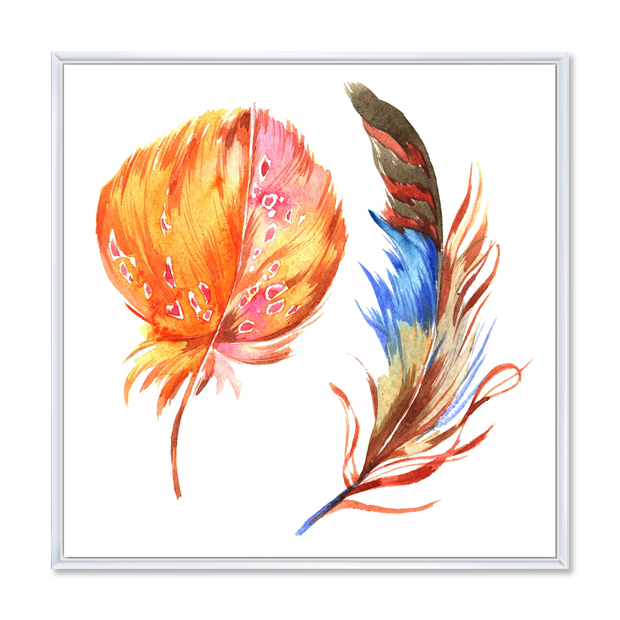 Ethnic Brown and Colorful Feather 36 in x 36 in Framed Painting Canvas Art Print, by Designart