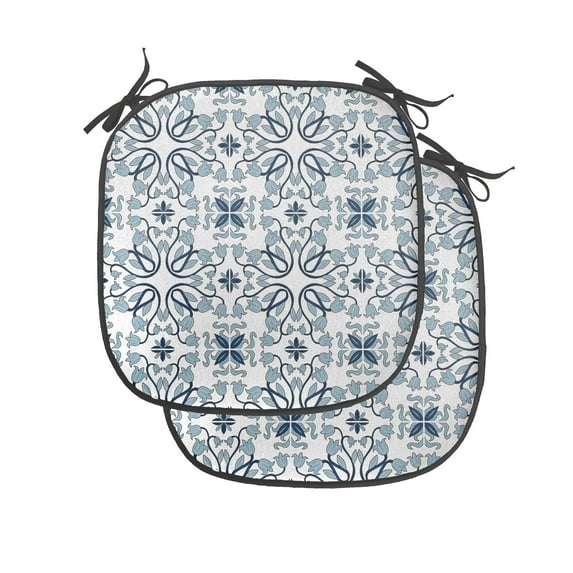 Ethnic Chair Seating Cushion Set of 4, Medieval Persian Palace Flower Leaf Shapes Inspired Motifs Art Print, Seat Pads for Office with Anti-slip Backing, 16"x16", Pale Blue, by Ambesonne