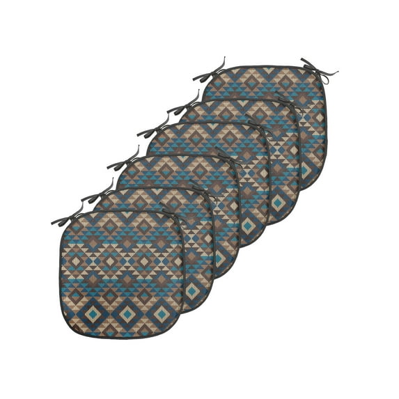 Ethnic Chair Seating Cushion Set of 6, Knitted Jacquard Illustration Texture Image Geometric Style, Seat Pads for Office with Anti-slip Backing, 16"x16", Brown and Dark Blue, by Ambesonne