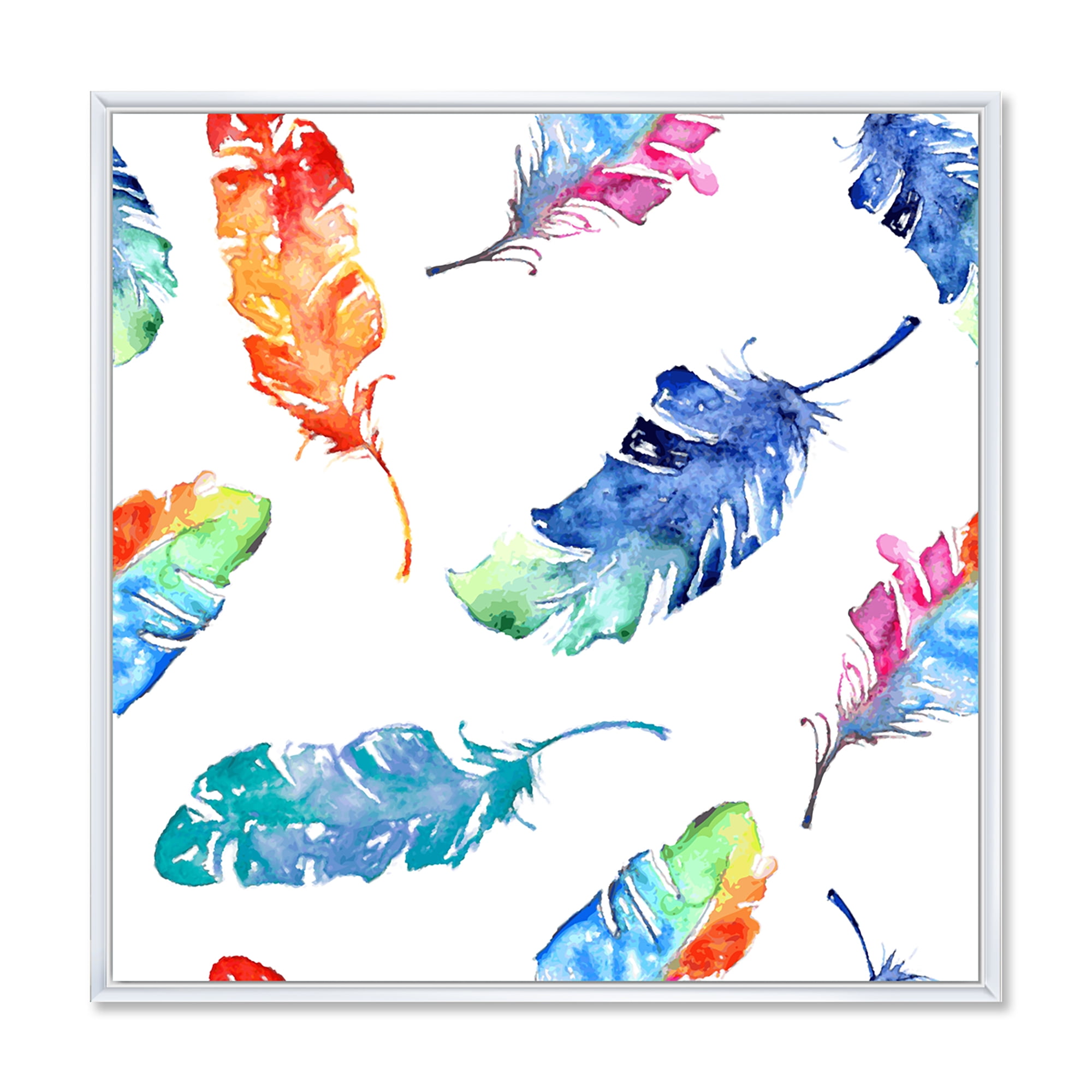 Ethnic Colorful Feathers 30 in x 30 in Framed Painting Canvas Art Print, by Designart