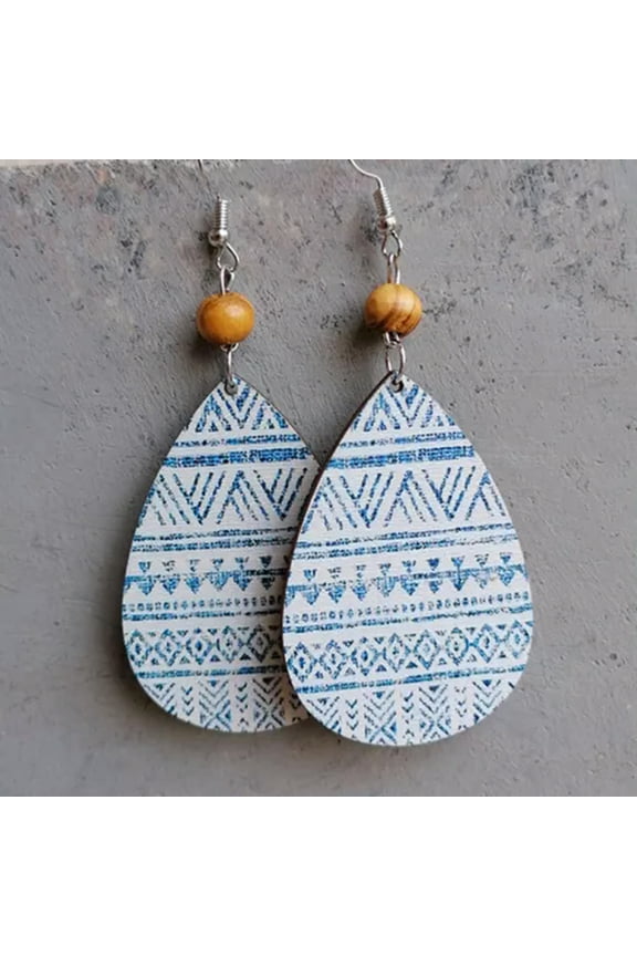 Ethnic Colorful Flower Leaf Pattern Wood Beads Teardrop Statement Earrings