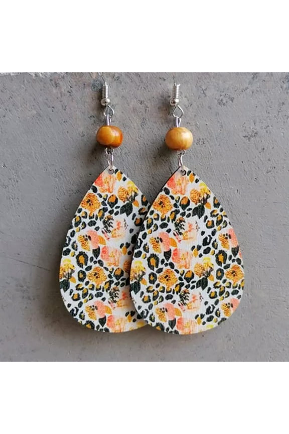 Ethnic Colorful Flower Leaf Pattern Wood Beads Teardrop Statement Earrings