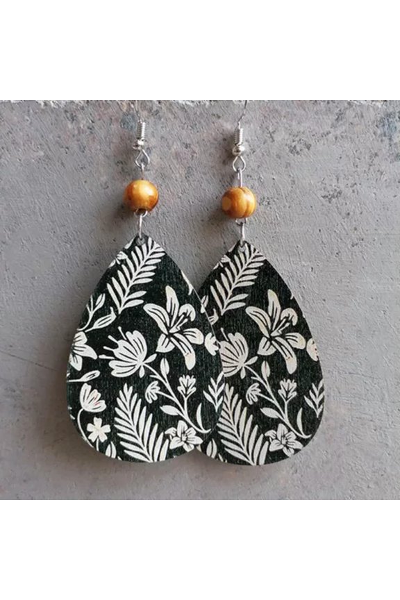 Ethnic Colorful Flower Leaf Pattern Wood Beads Teardrop Statement Earrings