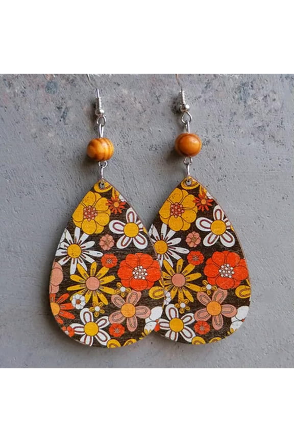 Ethnic Colorful Flower Leaf Pattern Wood Beads Teardrop Statement Earrings