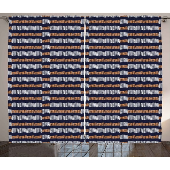 Ambesonne Ethnic Curtains 2 Panel Set, Horizontal Irregular Stripes, 108" x 63", Indigo Ginger White