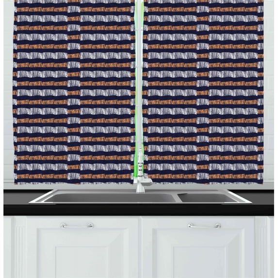 Ethnic Curtains 2 Panels Set, Abstract Authentic Motif with Horizontal Folk Bands Vintage Culture Design, Window Drapes for Living Room Bedroom, 55W X 39L Inches, Indigo Ginger White, by Ambesonne