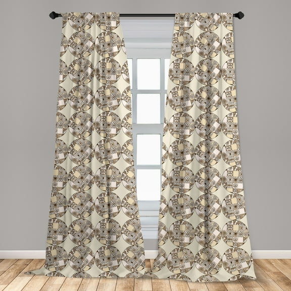 Ethnic Curtains 2 Panels Set, Circles with Squares and Native Cultural Geometric Motifs Vintage Artwork, Window Drapes for Living Room Bedroom, 56"W X 63"L, Brown Beige and White, by Ambesonne