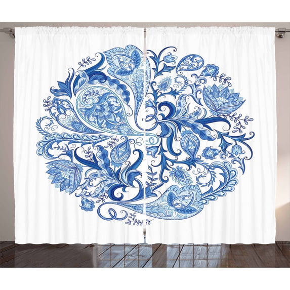 Ambesonne Ethnic Curtains 2 Panel Set, Paisley Circle in Blue, 108" x 63", Blue Navy Blue and White