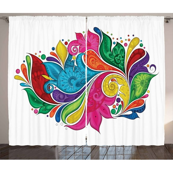 Ambesonne Ethnic Curtains 2 Panel Set, Vibrant Colorful Leaves, 108" x 63", Multicolor