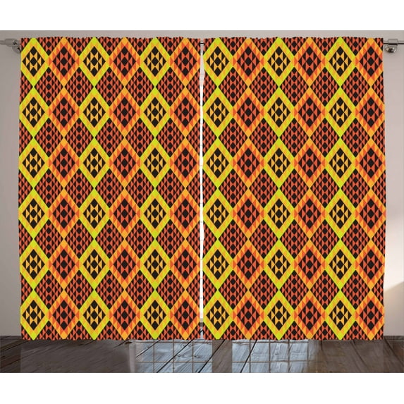 Ambesonne Kente Pattern Curtains 2 Panel Set, Peruvian Rhombus, 108" x 108", Vermilion Yellow