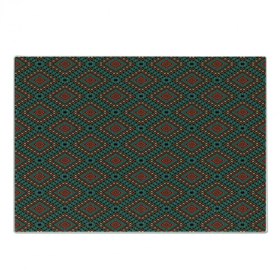 Ethnic Cutting Board, Border Antique Design Tile Pattern Print, Decorative Tempered Glass Cutting and Serving Board, Small Size, Coral Teal Black, by Ambesonne