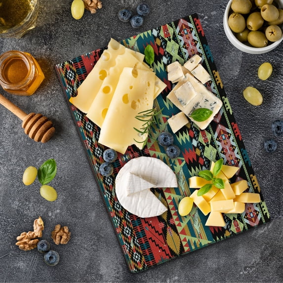 Ethnic Cutting Board, Classic Traditional Pattern Image Bird Flower Arrow Natural Ethnic, Decorative Tempered Glass Cutting and Serving Board, Small Size, Multicolor, by Ambesonne