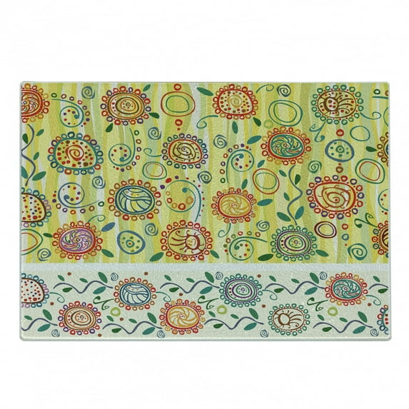 Ethnic Cutting Board, Floral Flower Oriental Design with Circles Dots Leaves Abstract Art Image Print, Decorative Tempered Glass Cutting and Serving Board, Small Size, Multicolor, by Ambesonne