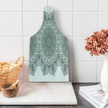 Ethnic Cutting Board, Folk Pattern with Moroccan Effects Middle Eastern Influences Image, Decorative Tempered Glass Cutting and Serving Board, Wine Bottle Shape, Grey White, by Ambesonne