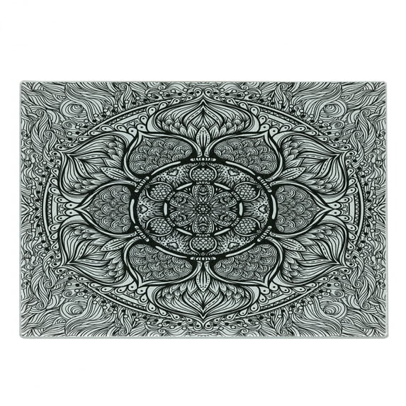 Ethnic Cutting Board, Mandala Inspired Art Hand Drawn Paisley Pattern Boho Native, Decorative Tempered Glass Cutting and Serving Board, Small Size, Black and White, by Ambesonne