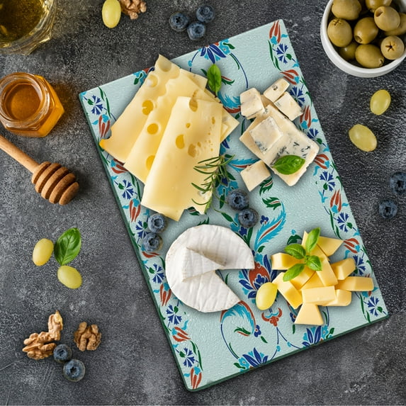 Ethnic Cutting Board, Old Turkish Ceramic Style with Tulips Vintage Ottoman Heritage Image Print, Decorative Tempered Glass Cutting and Serving Board, Small Size, Blue Red, by Ambesonne