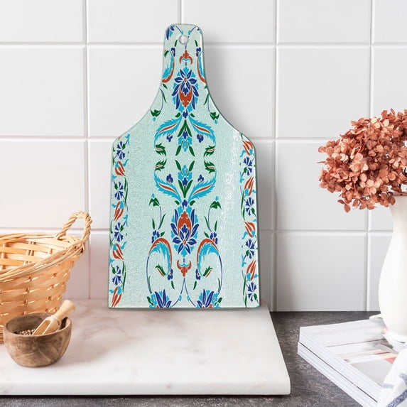 Ethnic Cutting Board, Old Turkish Ceramic Style with Tulips Vintage Ottoman Heritage Image Print, Decorative Tempered Glass Cutting and Serving Board, Wine Bottle Shape, Blue Red, by Ambesonne