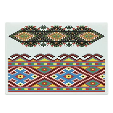 Ethnic Cutting Board, Retro Ukrainian Ornament Traditional Cultural Folklore Heritage Design, Decorative Tempered Glass Cutting and Serving Board, Large Size, Multicolor, by Ambesonne