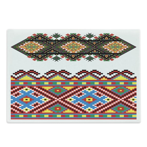 Ethnic Cutting Board, Retro Ukrainian Ornament Traditional Cultural Folklore Heritage Design, Decorative Tempered Glass Cutting and Serving Board, Large Size, Multicolor, by Ambesonne