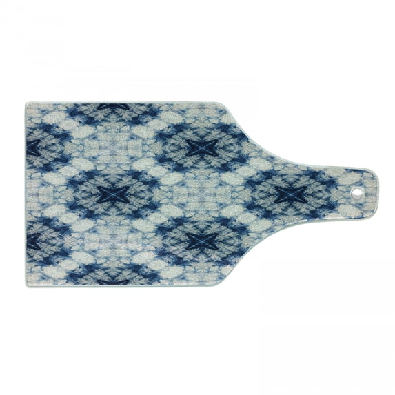Ethnic Cutting Board, Tie Dye Effect Print Art Featured Odd and Forms in Symmetric Axis Design, Decorative Tempered Glass Cutting and Serving Board, Wine Bottle Shape, Blue Grey, by Ambesonne